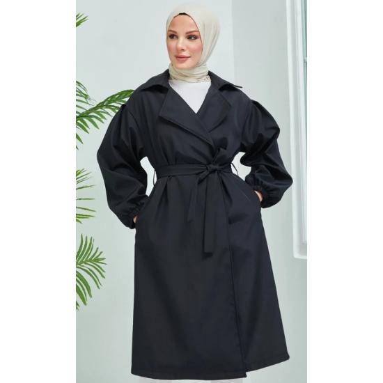 Waist Tied Black Balloon Sleeve Trench Coat Standard Size
