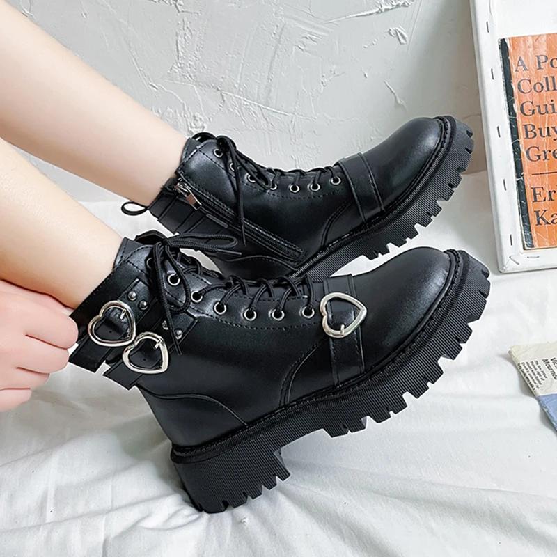 Heart Buckle Chunky Platform Ankle Boots Women Autumn Pu Leather Thick Bottom Short Boots Woman Black Motorcycle Shoes