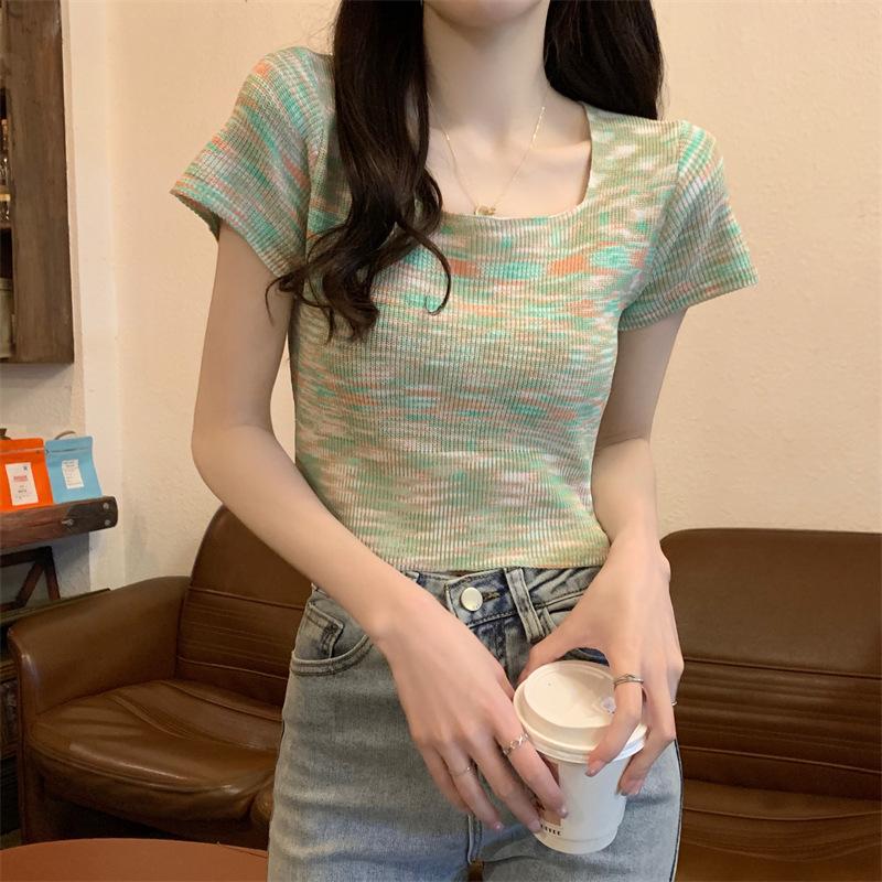 New Korean Style Simple and Fashionable Square Collar Short-sleeved Sweater Female Student Top Female Ins Trendy