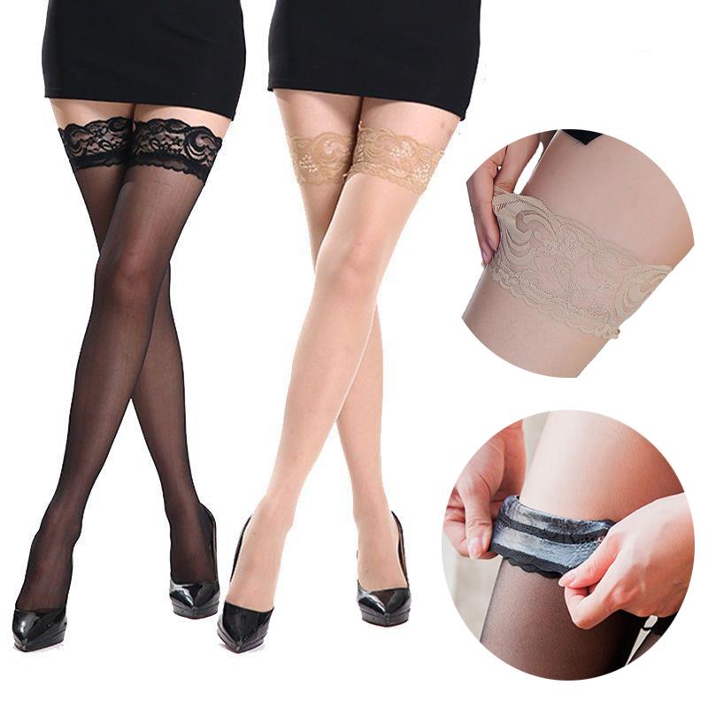 Lady Non Slip Silicone Stocking Women's Fashionable Peacock Lace Top Shiny Stockings Tiptoe Transparent Breathable and Sexy Hosiery