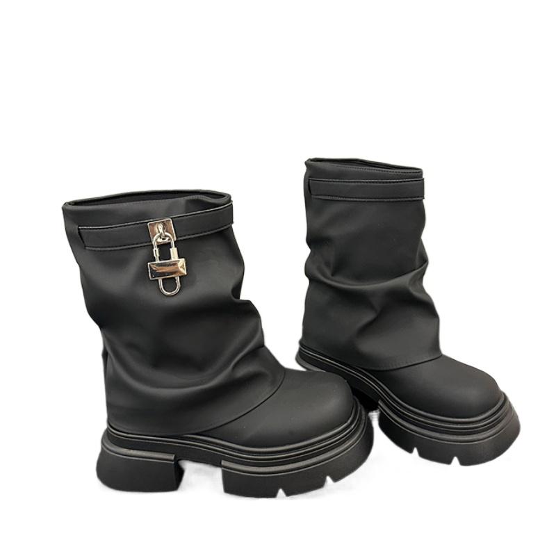 Весенняя и осенняя женская обувь 2024 года, новые однотонные туфли до середины голени с круглым носком, женские модные ботинки на высоком каблуке и рукавами