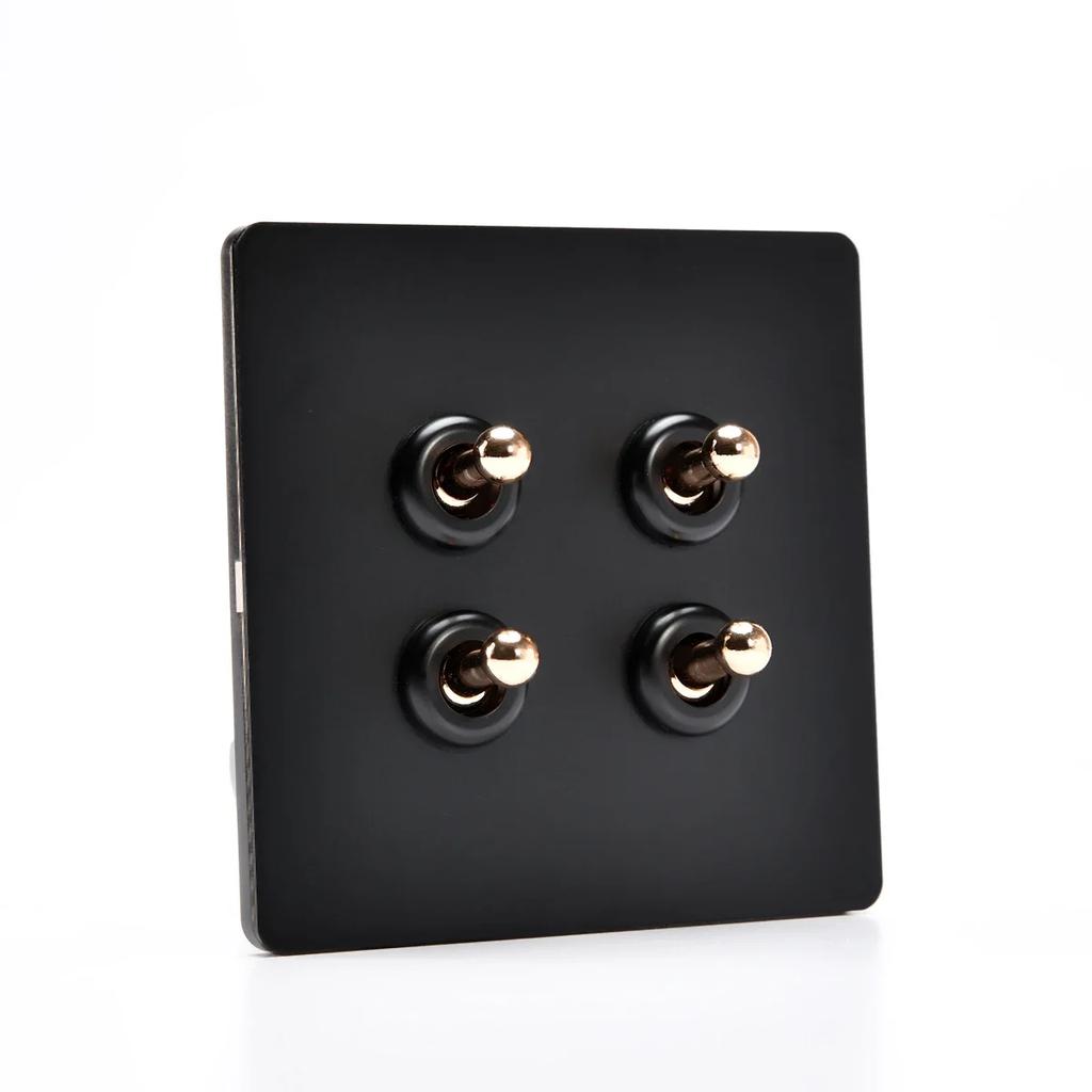 86 Тип Ретро Выключатель 1-4 Gang 2 Way Настенный Светильник Латунный Рычажный Переключатель Черный Матовый Нержавеющая Стальная Панель Розетка EU FR