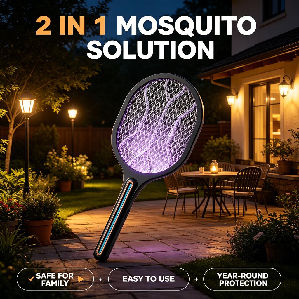 Raqueta eléctrica antimosquitos 2 en 1, matamoscas recargable y lámpara atrapamosquitos para el hogar
