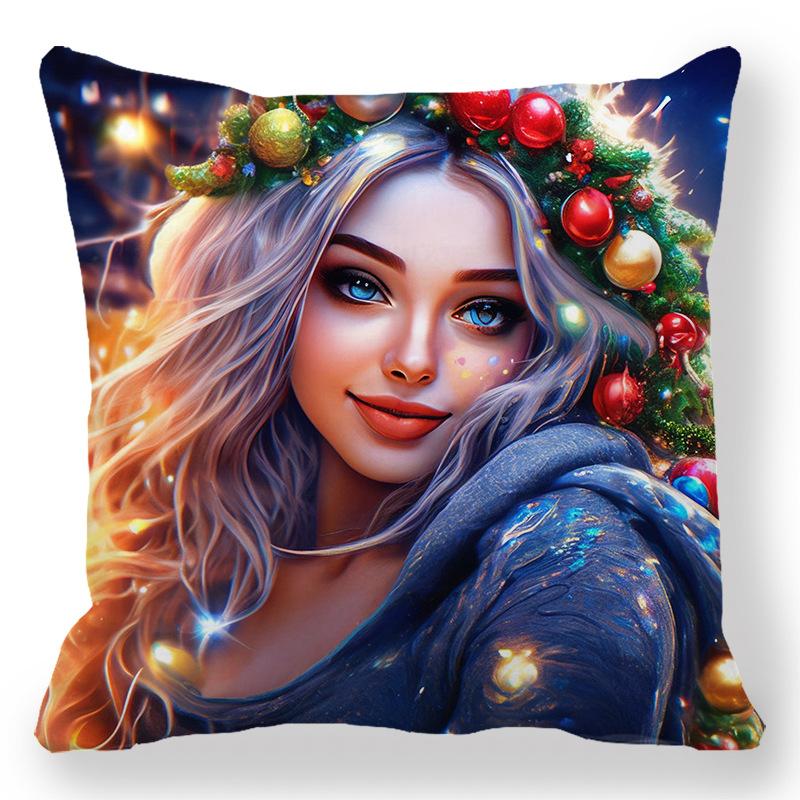 Christmas Cartoon Oil Painting Theme Digital Printing Short Plush Pillow Covers For Car Sofa Office Cushion Cover Home Goods