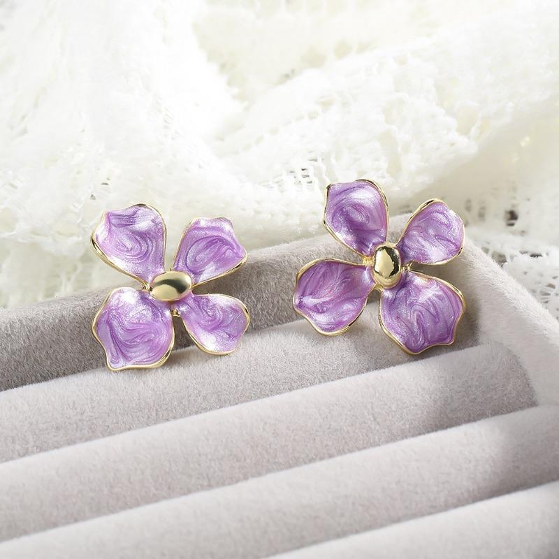 Elegant Purple Enamel Oil Flower Earrings for Women Trendy Single Layer Blooming Gardenia Flowers Stud Earrings Jewelry Gift