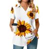 Women's Pleated V-neck Short Sleeved Sunflower Print T-shirt Business Casual Shirt