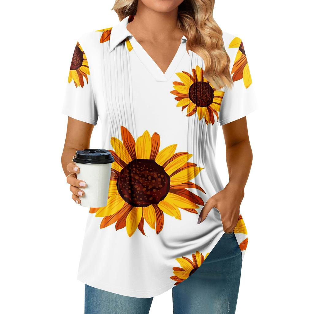 Women's Pleated V-neck Short Sleeved Sunflower Print T-shirt Business Casual Shirt