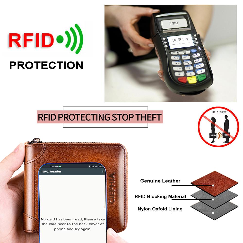 Кошелек из натуральной кожи для мужчин, RFID-блокировка, двойная молния, кошельки, верхний слой из воловьей кожи, многофункциональный ID, держатель для кредитных карт, сумка для монет