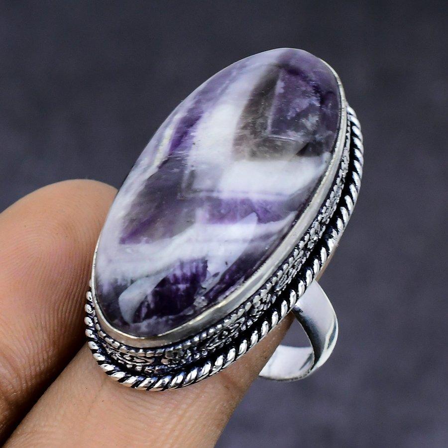 Natural Chevron Amethyst Gemstone 925 Sterling Silver Ring Size 9.5 M3l69