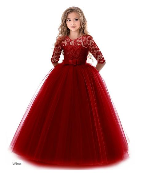 Girls Long Sleeve Flower Girl Wedding Dress Princess Gown