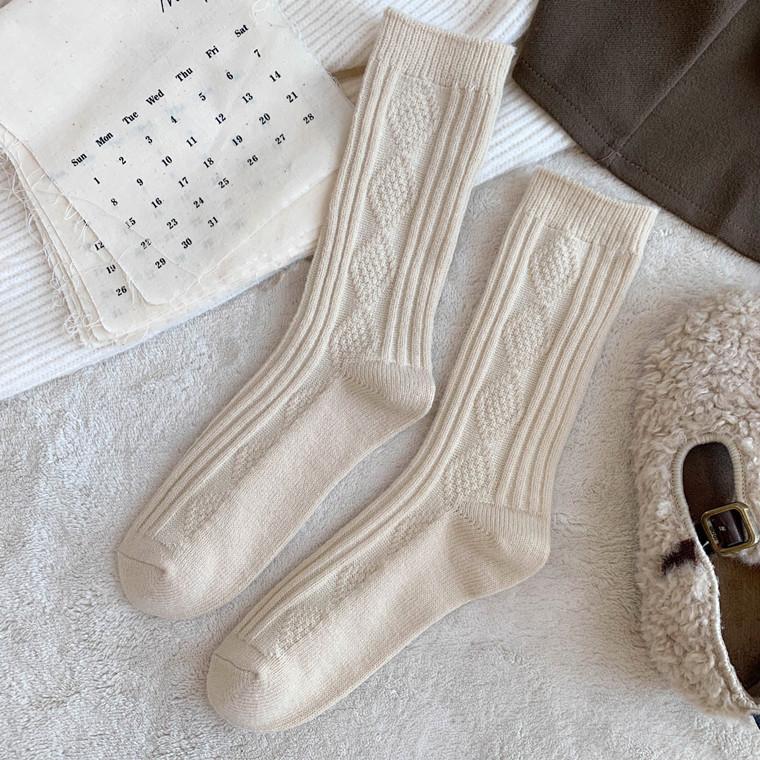 Толстые носки средней длины с ромбовидной сеткой, женские, белые, утолщенные, теплые, однотонные, повседневные, хлопковые носки в стиле колледжа