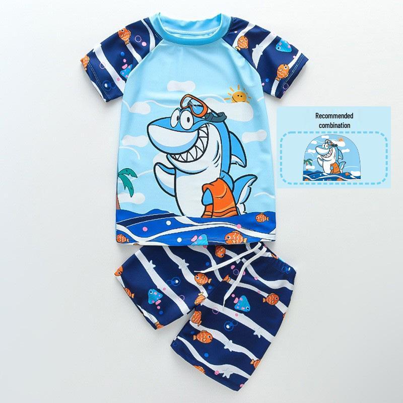 Комплект мультяшного купальника для мальчиков 2024: Топ с коротким рукавом, Раздельный костюм, Шапочка для плавания и Плавки