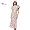 Women Fishtail Dress Round Neck Puff Short Sleeve Embroidered 3D Flower Decor Midi Dress Hip Wrapped Long Dress