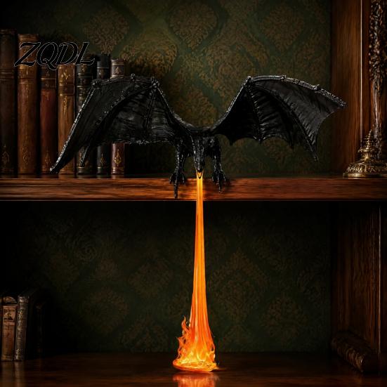 Ambient Reading Corner Lighting Dragon Bookshelf Nook Light with LED Flame Effect, Fantasy Shelf Decor, Mythical Creature Statue Flying Display