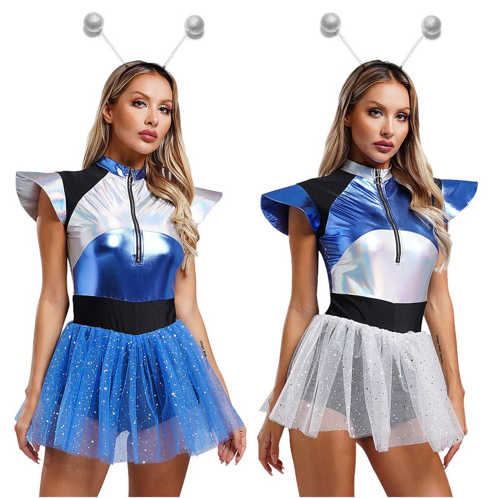 Womens Space Cadet Costume Fly Sleeve Front Zip Sequined Tulle Skirt Boyshorts Spaghetti Jumpsuit with Silver Hair Hoop Headband for Alien Astronaut
