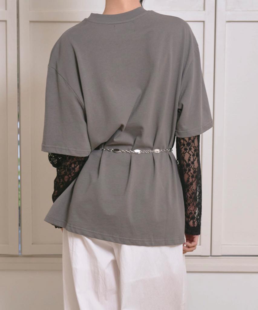 THE GREEN LAB Lace Sleeve Layered Cat T-Shirt [Charcoal Gray]