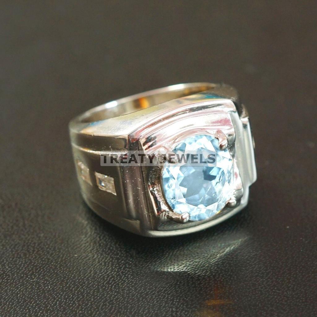 Aquamarine Oval Cut Gemstone With 925 Sterling Silver Ring For Men's #A738 JL375659044904