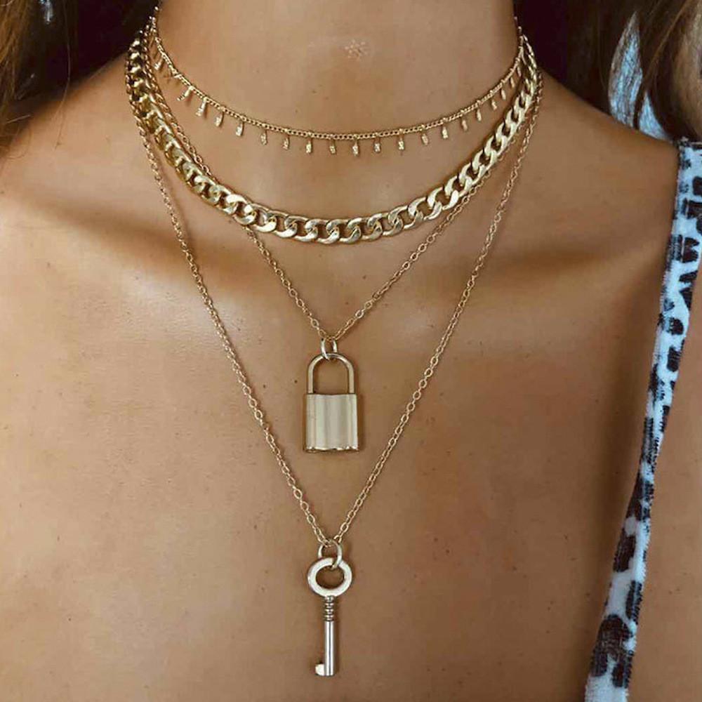Chic Multi-layer Key Lock Necklace Fashion Forward Geometric Alloy Statement Piece
