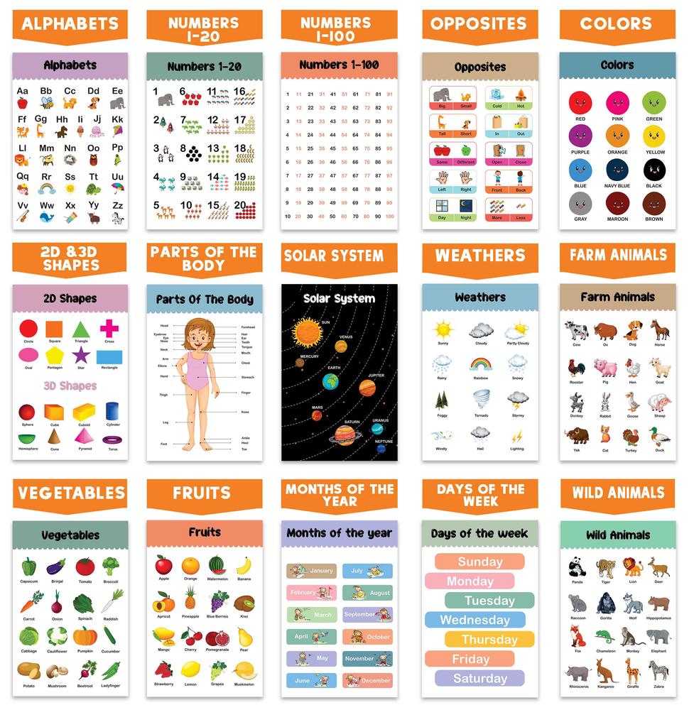 Traceease Образовательный плакат для начальной школы, упаковка из 25 ламинированных детских обучающих плакатов, отлично подходит для домашнего обучения в классе