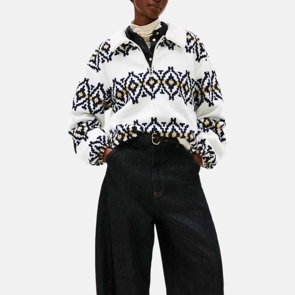 Tommy Hilfiger Мягкий пуловер с принтом Fair Isle на молнии четвертью, удобная теплая толстовка, женская толстовка XW07316-YBL
