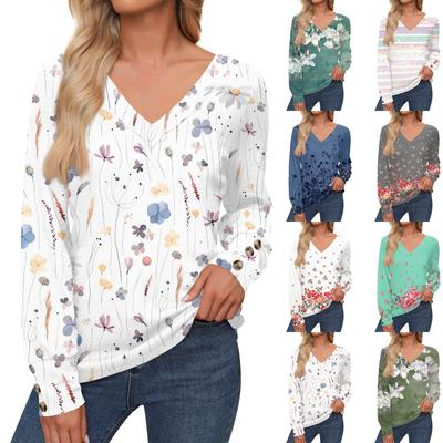 Женские топы с цветочным принтом, рубашка с длинным рукавом и V-образным вырезом, повседневная свободная футболка, осенняя одежда