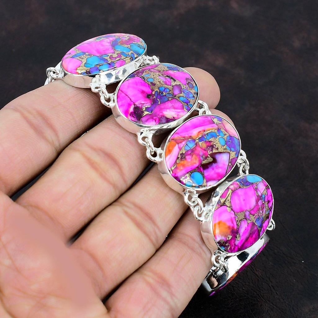 Natural Kingman Pink Dahlia Turquoise Bracelet 925 Sterling Silver Bracelet Adjustable Chain Bracelet Handmade Gemstone Jewelry Gift For Her