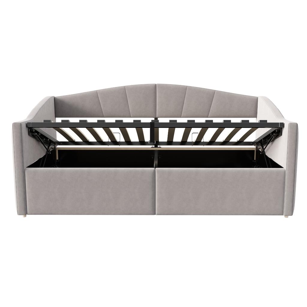 Upholstered Bed Sofa Bed 90*200 cm, With Hydraulic Storage, With Slatted Frame and Armrests, Classic Striped, Single Bed, Velvet Fabric, Light Grey