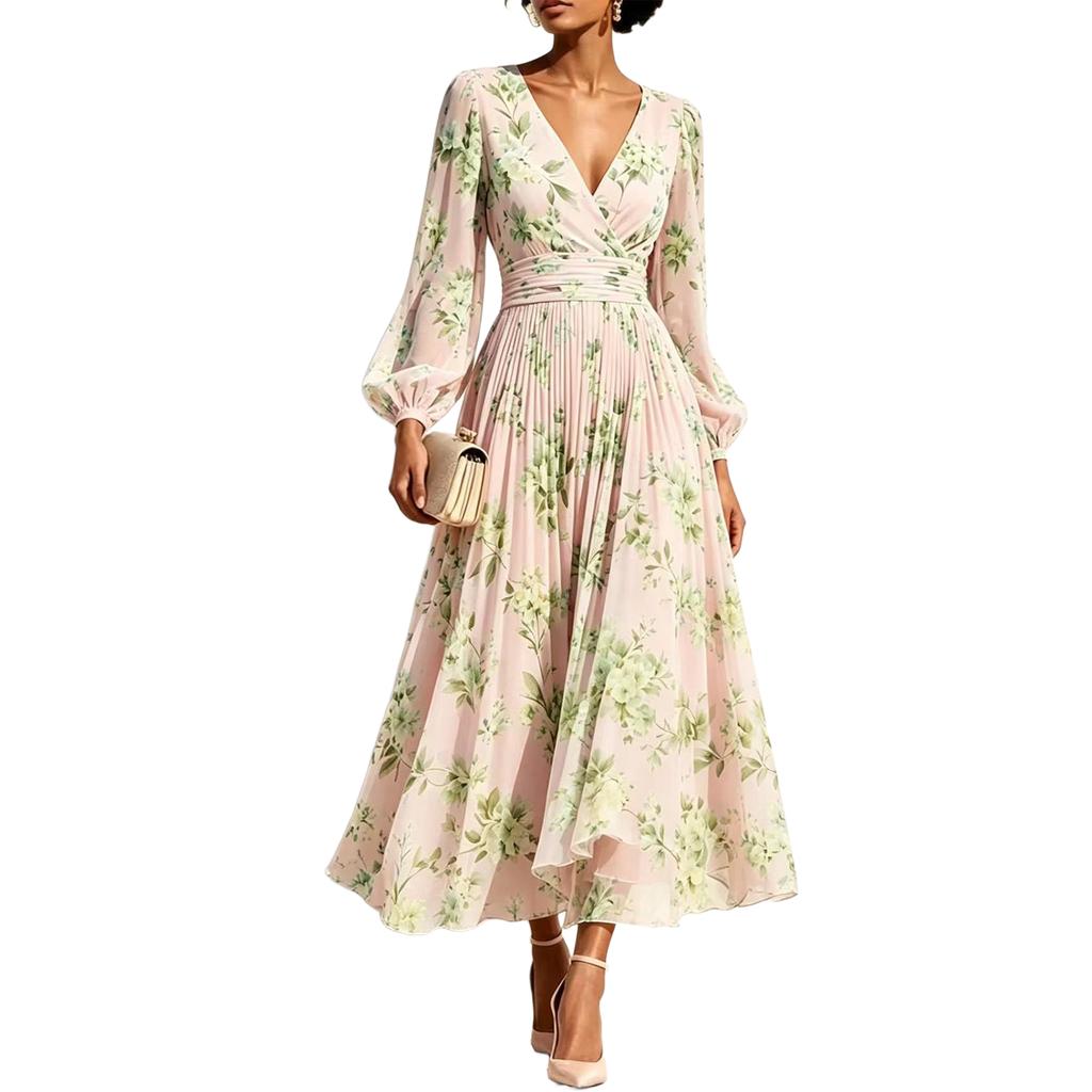 Women's Floral Print V-Neck Long Sleeve Dress with Pleated Skirt and Cinched Waist