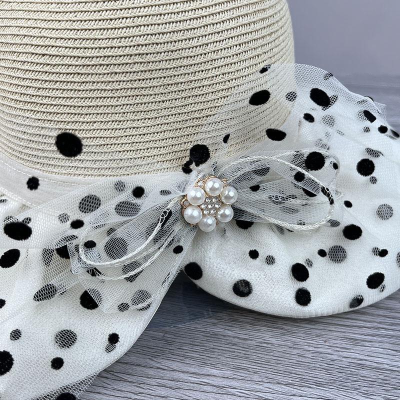 New polka dot pearl bow mesh bucket hat women's spring summer light and breathable big brim sunshade sunscreen hat