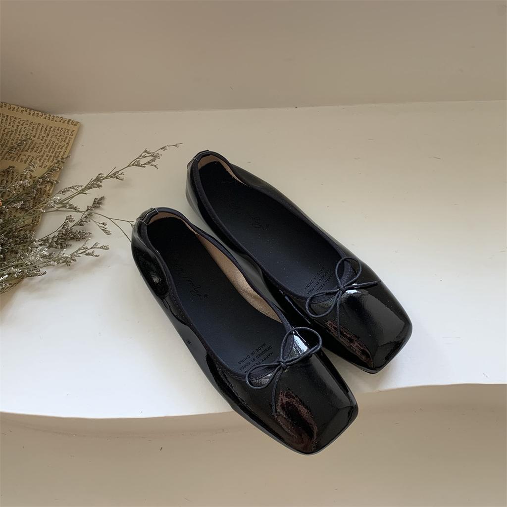 Fashion Japanned Square Toe Bowtie Ballets Shoes Ladies Soft Roll-Up Flats Loafers Barefoot Mocassines Woman Slip On Office Dress Shoes