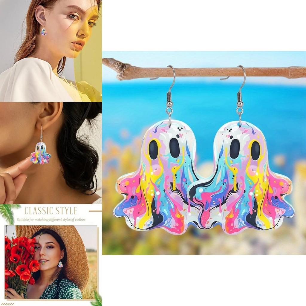 Adorable Colorful Ghost Earrings Made Of Acrylic Fun Cartoon Style Halloween Accessories