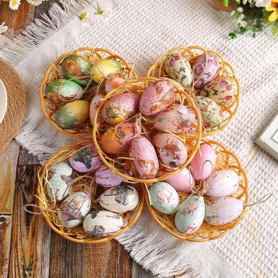 7Pcs/Set Colorful Bunny Painted Plastic Easter Eggs with Basket Hanging Pendant DIY Easter Egg Crafts Home Easter Party Supplies