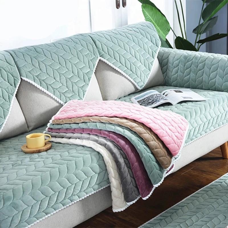 Thicken Quilted Sofa Towel Short Plush Sofa Cover Lace Edge Slip Resistant Protective Cover European Style Couch Cover Universal