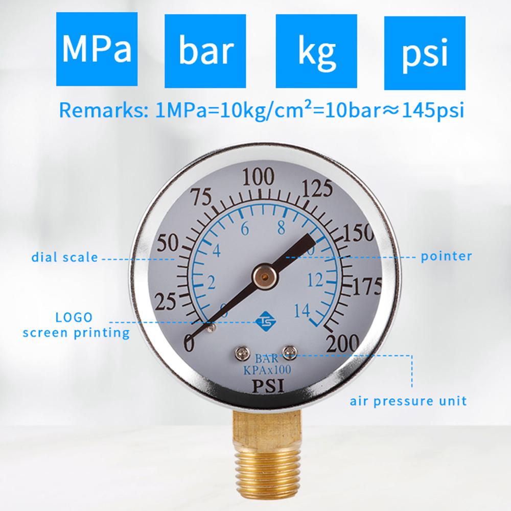 TS-50-14 1/4'' NPT Bottom Mount Pressure Gauge Dual Scale Water Pressure Gauge 0-200 PSI Test Range Oil Pressure Gauge