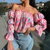 Women Shirt Off-Shoulder Flared Long Sleeve Design Pullover Tops Floral Print Loose