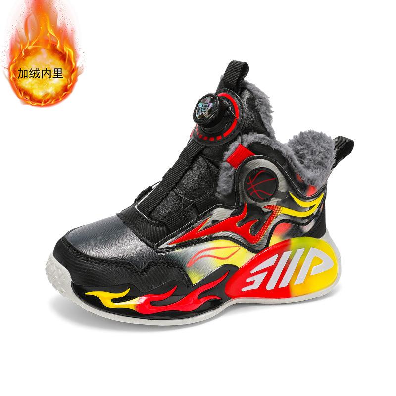 Фабричные зимние детские хлопковые ботинки модные универсальные спортивные ботинки теплые уличные нескользящие бархатные кожаные баскетбольные кроссовки