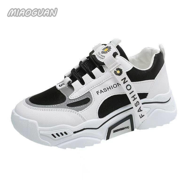 Женские кроссовки на платформе, весенние и осенние, одинарные туфли, студенческие, дышащие, черно-белые, спортивные туфли, повседневные, на шнуровке, теннисные