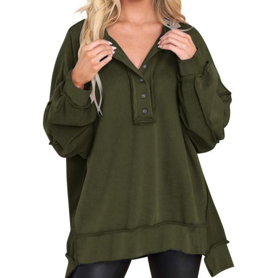Женская толстовка с пуговицами, круглым вырезом, длинными рукавами, эластичными манжетами, свободная однотонная, неровный подол, пуловер, повседневный спортивный топ