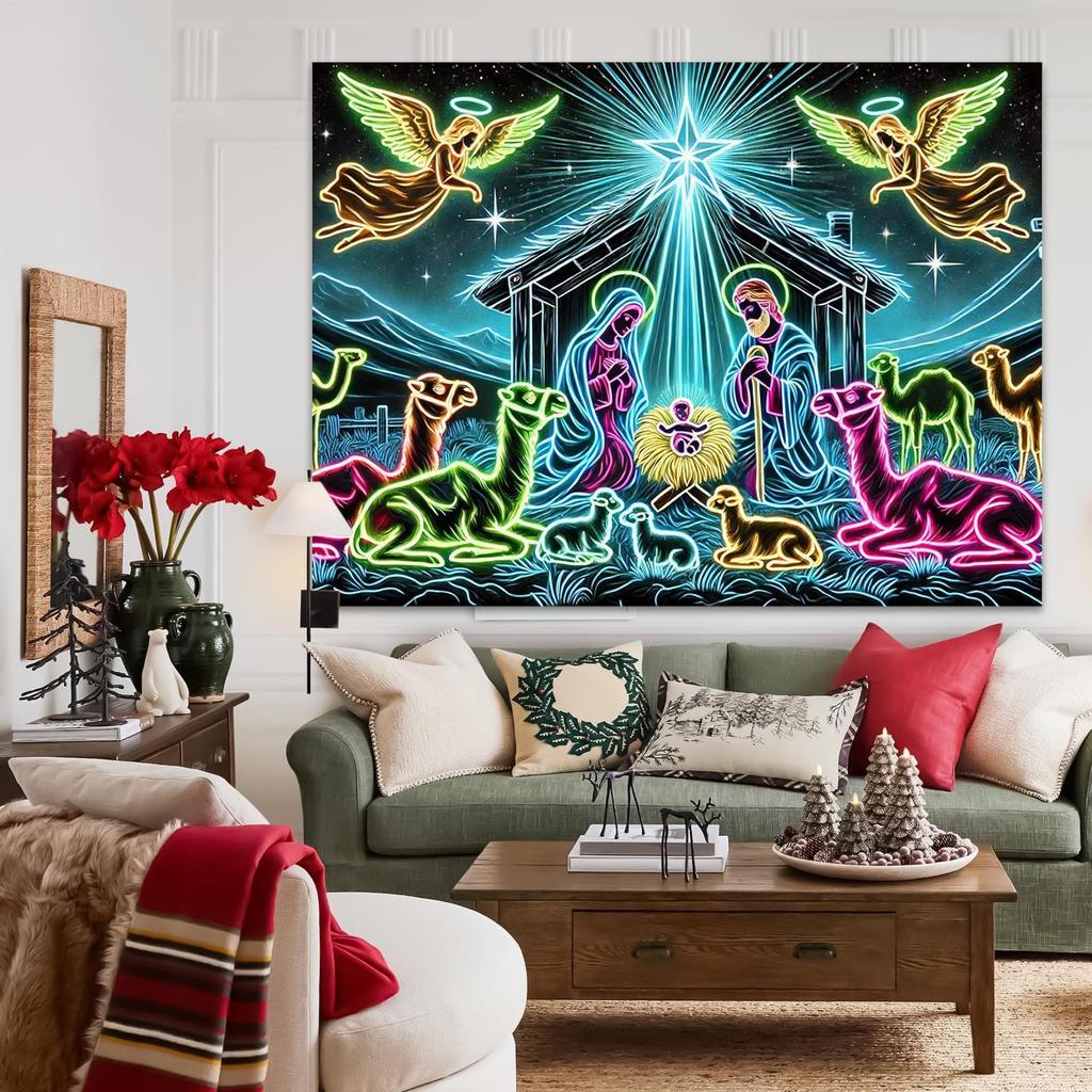 Nativity Tapestry Wall 6x7.5ft UV-Reactive Christmas Festive Decoration Glow In The Dark Festive Backdrop For College Students