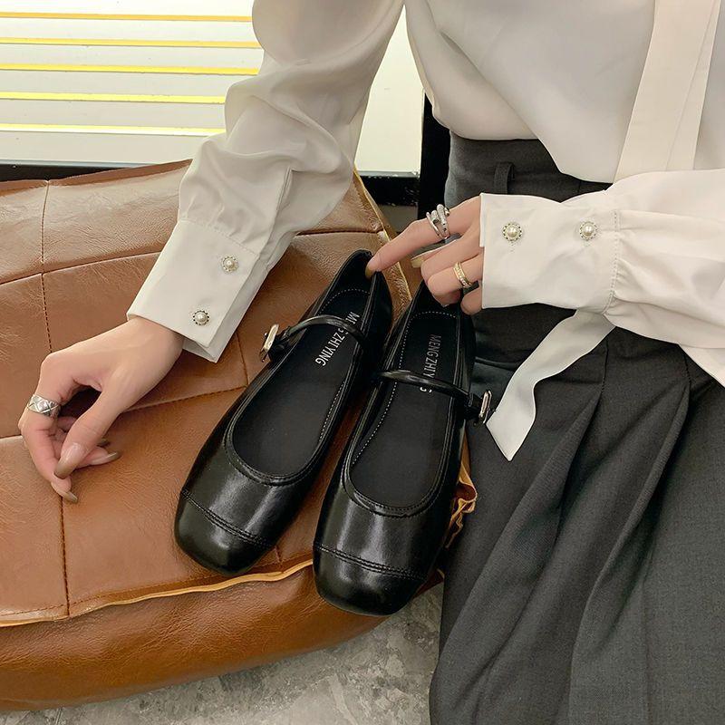 Серебристые туфли Мэри Джейн с круглым носком и мелким вырезом, женские туфли, весна 2025, новые, французский вечерний бриз с юбкой, туфли на плоской подошве