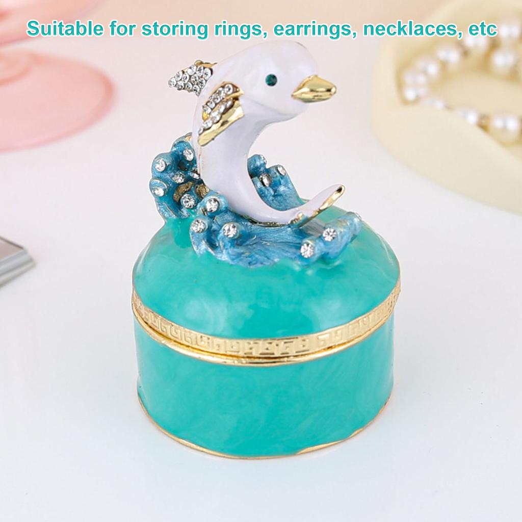 Dolphin Jewelry Box Rhinestone Decor Hand Painted Enamel Trinket Storage Box for Rings Earrings Necklaces Collectible