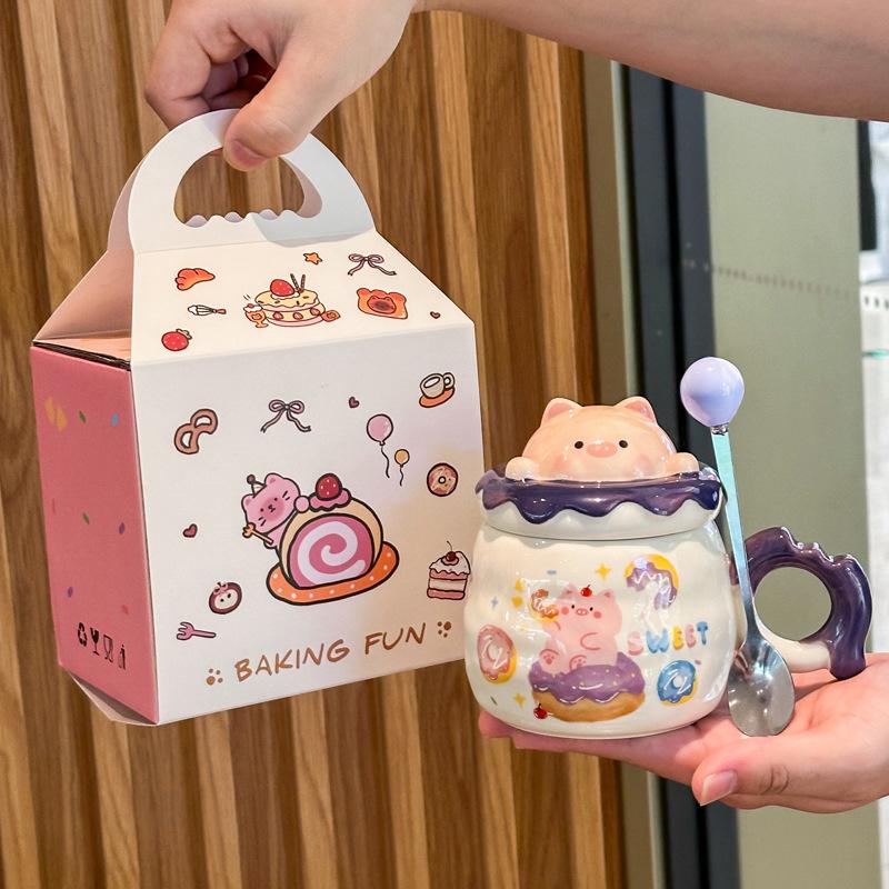 Birthday Gift, Cute Piggy Ceramic Mug with Lid Gift Box, Couple Girlfriend Drinking Cup As a Gift
