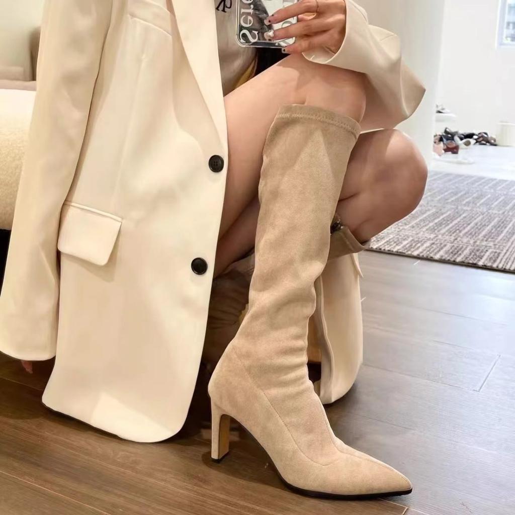 Pointed suede elastic thin boots Season women's high-heeled boots Skinny knee high boots but