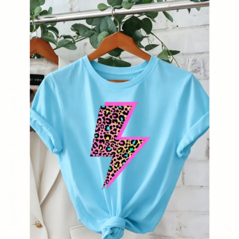 16 Colors Leopard Neon Lightning Print Women's T-Shirts Summer Fashion Street Short-Sleeve Outdoor Casual Tops for Men's and Women's Tees Top