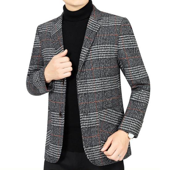 Мужской пиджак с лацканами, длинный рукав, клетчатый узор, застежка на две пуговицы, пиджак с карманами, приталенный деловой пиджак