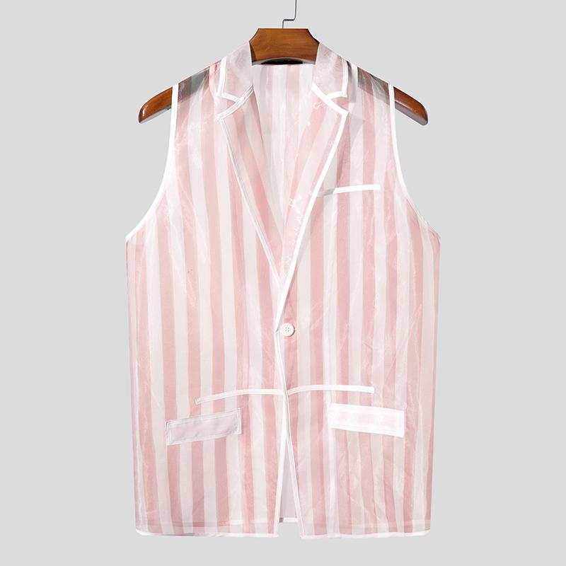 INCERUN Men Lapel Sleeveless Buttons Striped Transparent Mesh Sheer Waistcoats