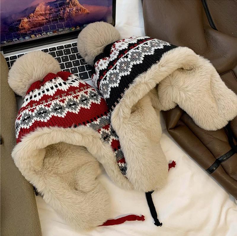 Knitted Fluzzy Russain Hat Trapper Earflap Outdoor Ski Cap Male Female Thick Warm Winter Beanie Hat Fur Pompom Bomber Hat