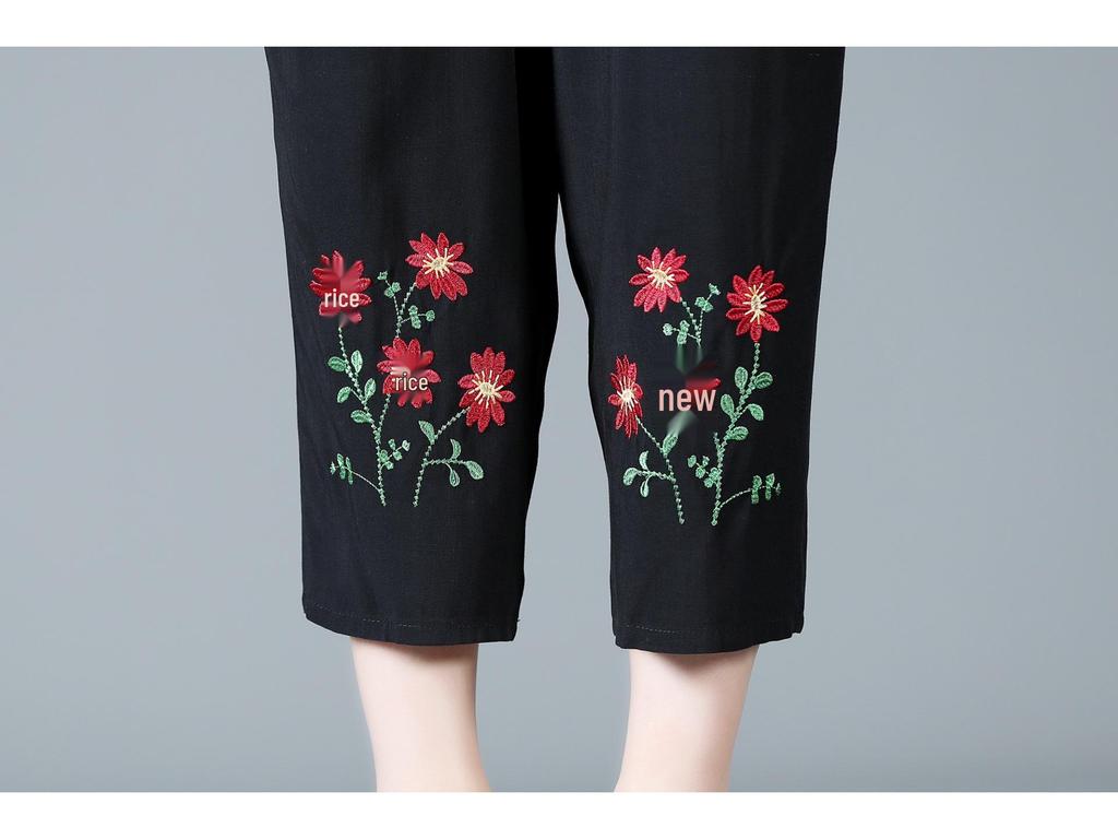 Летние вышитые хлопково-льняные брюки для мамы - Дышащие, повседневного кроя для женщин