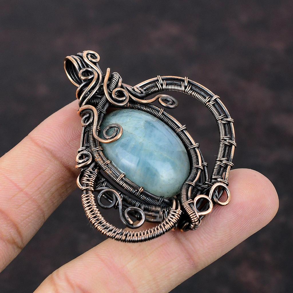 Аквамариновый кулон, медная проволока, кулон, кулон ручной работы, медные ювелирные изделия, подарок для мамы, натуральный драгоценный камень, кулон, проволочные украшения