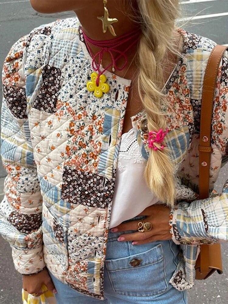 Красочные хлопковые куртки с ретро-принтом, женские однобортные пальто с круглым вырезом и длинными рукавами, осень-зима, женская повседневная уличная одежда